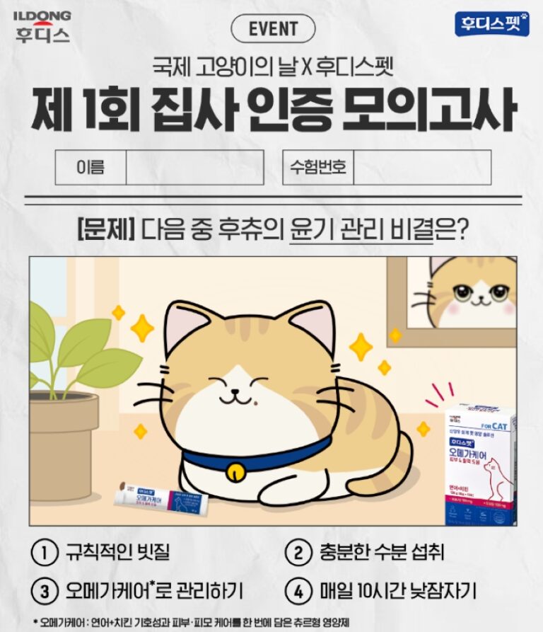 일동후디스 후디스펫, 국제 고양이의 날 맞이 ‘제1회 집사 인증 모의고사’ 이벤트 진행